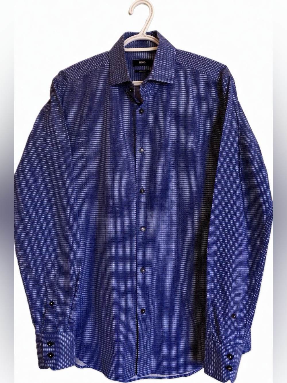 BOSS Hugo Boss Men Shirt Regular Fit 39 15.5 M Blue Diamond Micro Print Italy